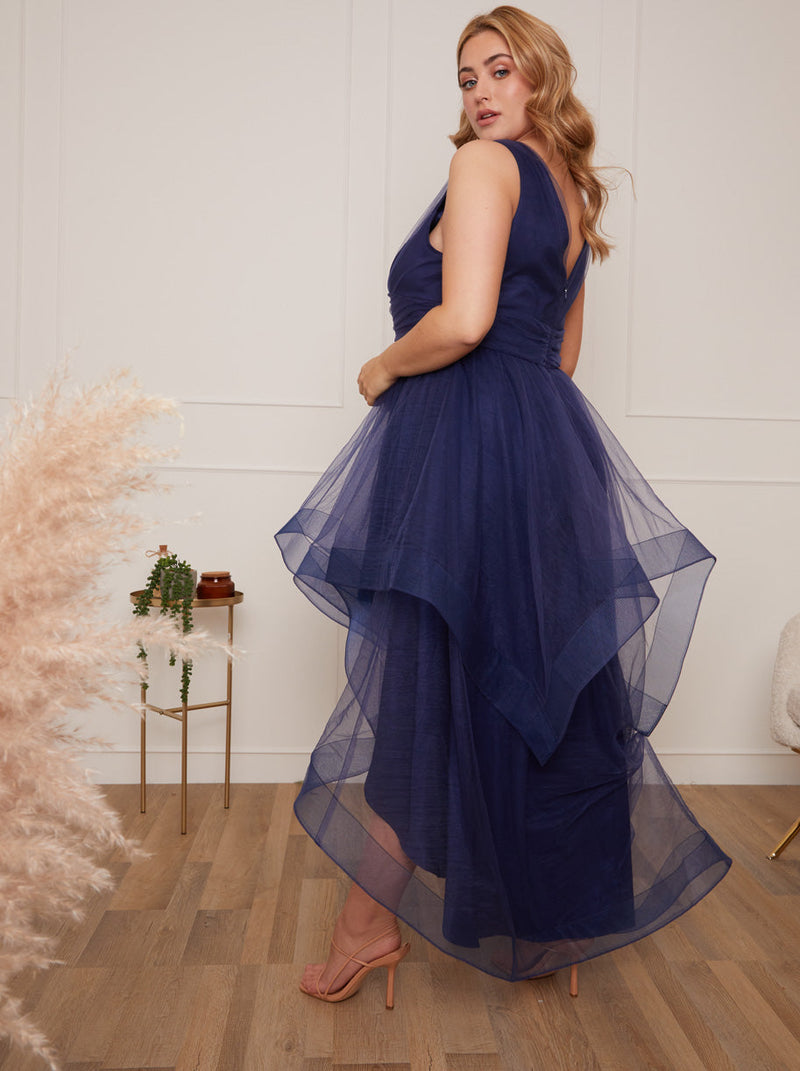 Plus Size Tiered Tulle Dip Hem Dress in Navy