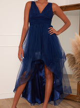 Plunge Neck Tiered Tulle Dip Hem Party Dress in Navy
