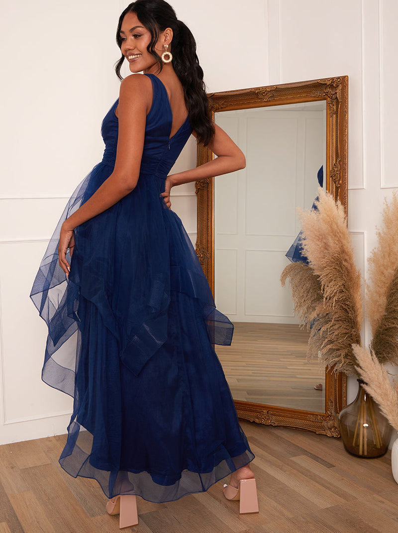 Plunge Neck Tiered Tulle Dip Hem Party Dress in Navy