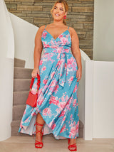 Plus Size Cami Floral Print Wrap Midi Dress in Blue