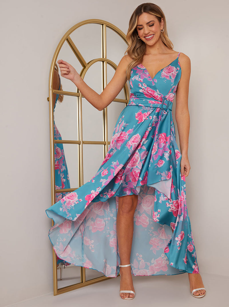 Petite Cami Floral Print Wrap Midi Dress in Blue