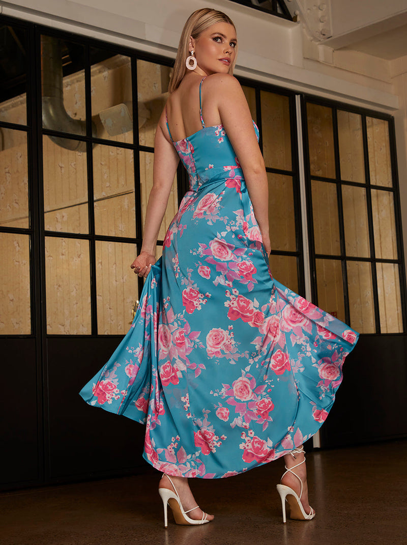 Cami Floral Print Wrap Midi Dress in Blue