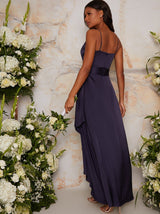 Satin Cami Strap Wrap Midi Bridesmaid Dress in Blue