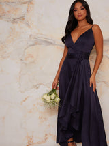 Petite Cami Strap Wrap Design Bridesmaid Dress In Blue