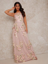 Sleeveless Embroidered Lace Maxi Dress in Pink