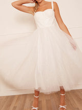 Corset Bodice & Glitter Tulle Midi Wedding Dress in White
