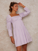 Puff Sleeve Mini Day Dress in Lilac