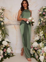 Pleated Satin Halter-neck Bridesmaid Maxi Dress in Green