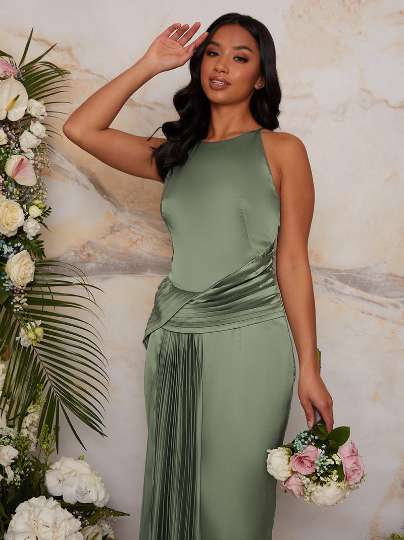 Petite Pleated Satin Halterneck Bridesmaid Maxi Dress in Green