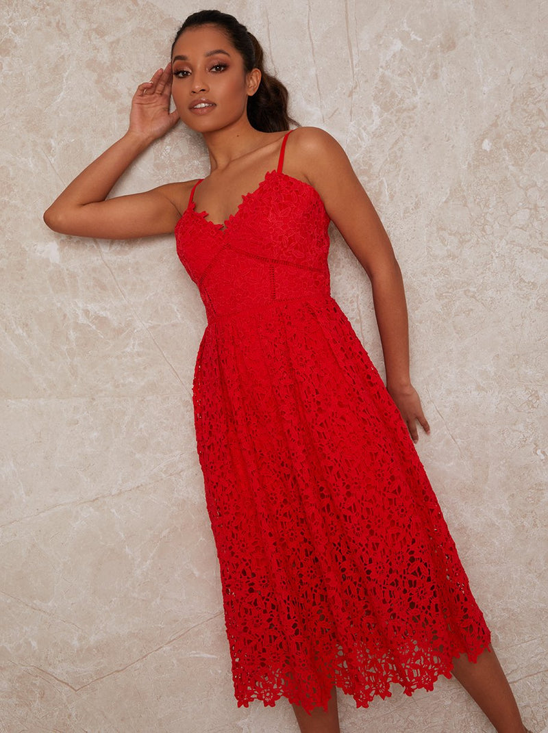 Petite Sleeveless Crochet Midi Dress in Red