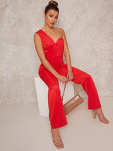 Sleeveless One Shoulder Pleated Jumpsuit in Red