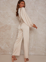 Balloon Sleeve Satin Jumpsuit in Champagne