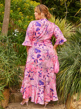 Plus Size Tie Front Floral Abstract Dip Hem Dress in Pink