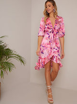 Tie Front Abstract Floral Print Dip Hem Dress in Pink