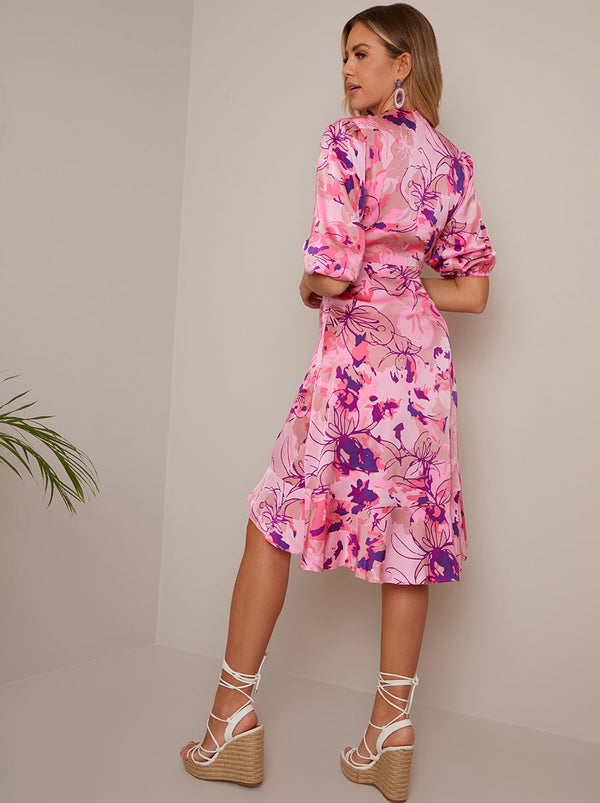 Tie Front Abstract Floral Print Dip Hem Dress in Pink