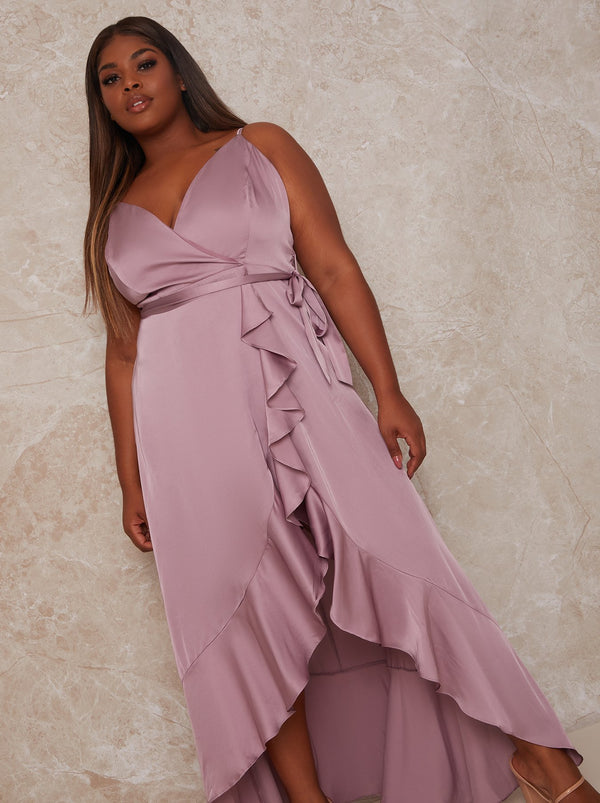 Plus Size Ruffle Detail Cami Strap Wrap Design Bridesmaid Dress in Lilac