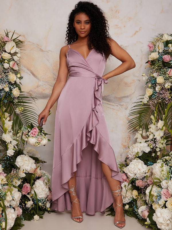 Ruffle Detail Cami Strap Wrap Design Bridesmaid Dress in Lilac