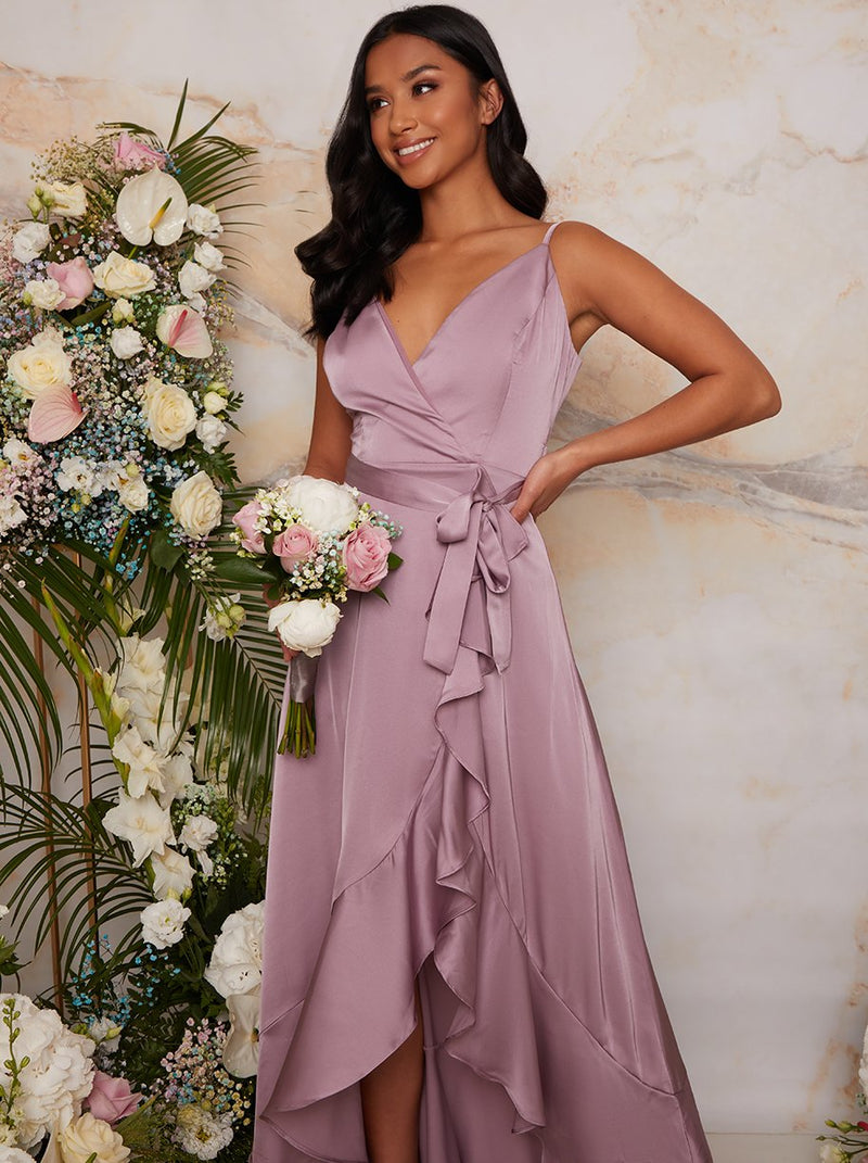 Petite Ruffle Detail Cami Strap Wrap Design Bridesmaid Dress in Lilac
