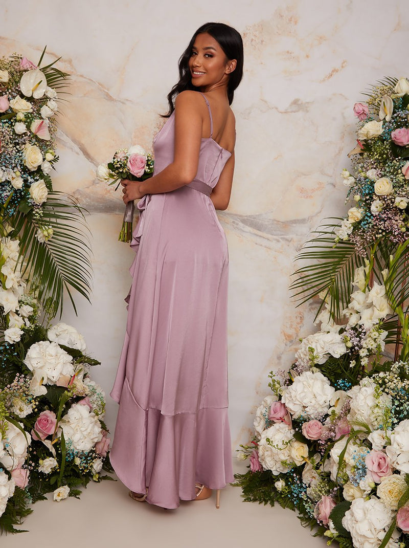 Petite Ruffle Detail Cami Strap Wrap Design Bridesmaid Dress in Lilac