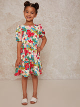 Girls Puff Sleeve Floral Print Tiered Day Dress in Multi