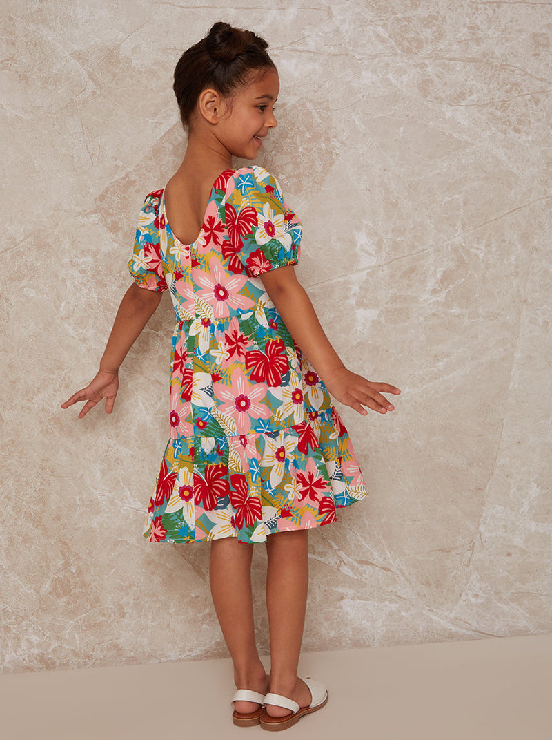 Girls Puff Sleeve Floral Print Tiered Day Dress in Multi