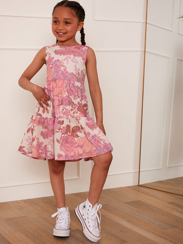 Younger Girls Floral Print Midi Dress in Pink