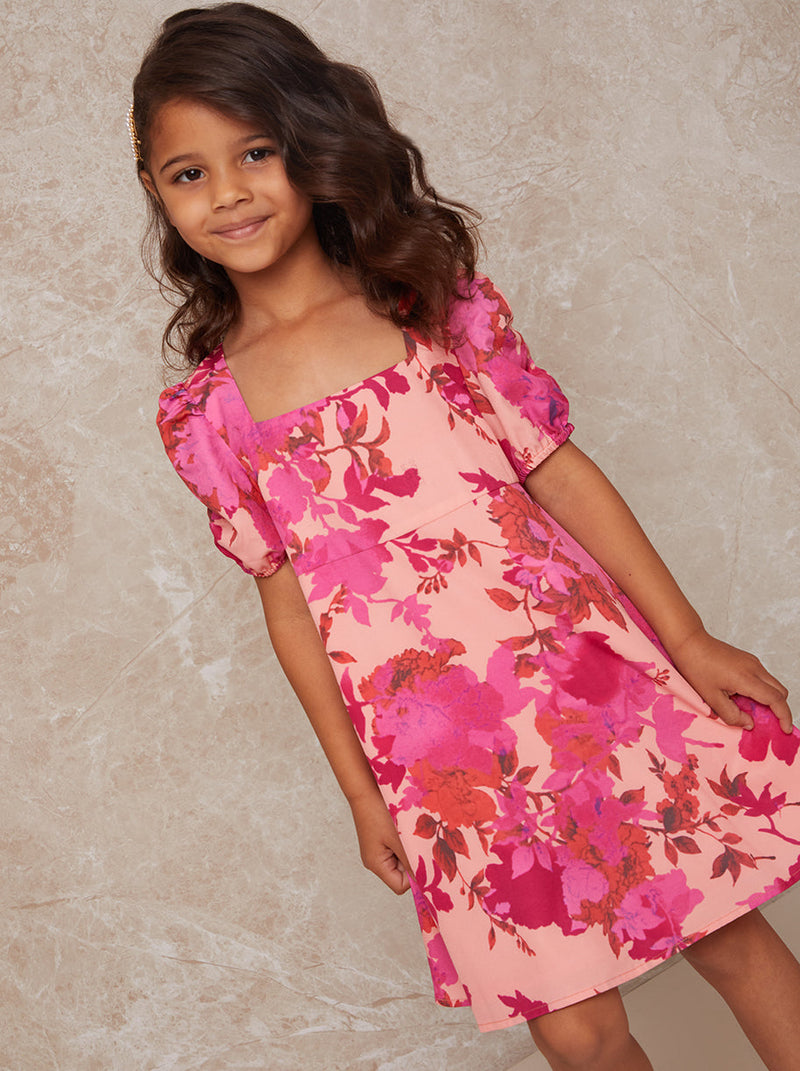 Girls Floral Print Puff Sleeve Button Up Dress in Pink