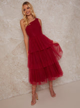 Petite One Shoulder Tulle Tiered Midi Dress in Red