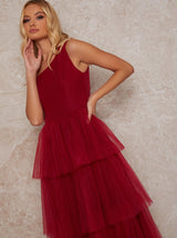 Petite One Shoulder Tulle Tiered Midi Dress in Red
