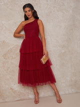 One Shoulder Tulle Tiered Midi Dress in Red