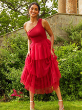 One Shoulder Tulle Tiered Midi Dress in Red