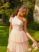 One Shoulder Puff Sleeve Tulle Tiered Mini Dress in Pink