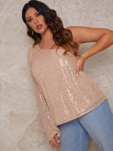 Plus Size One Shoulder Sequin Top in Gold