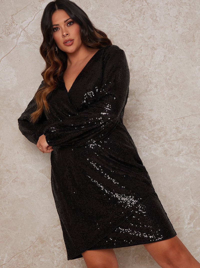 Plus Size Long Sleeve Plunge Sequin Mini Dress in Black