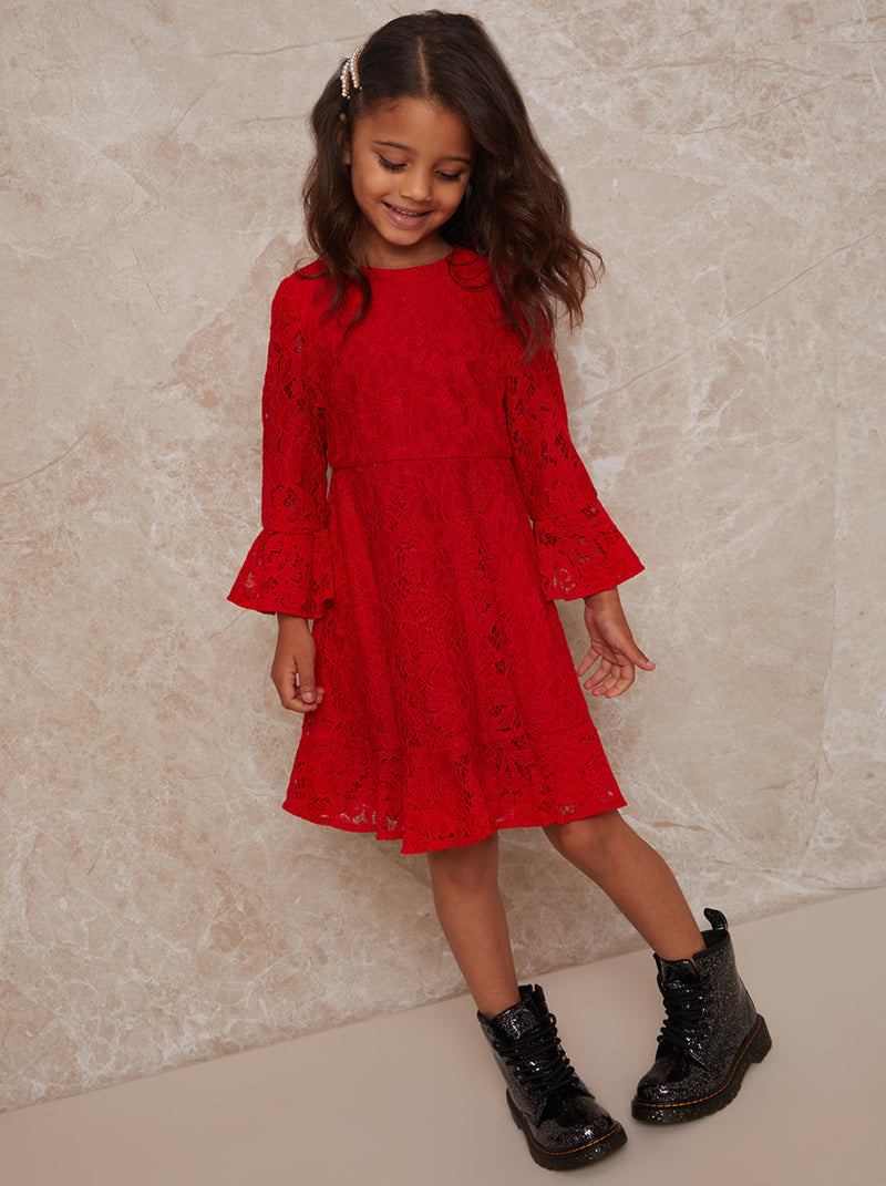 Girls Long Sleeve Lace Midi Dress in Red