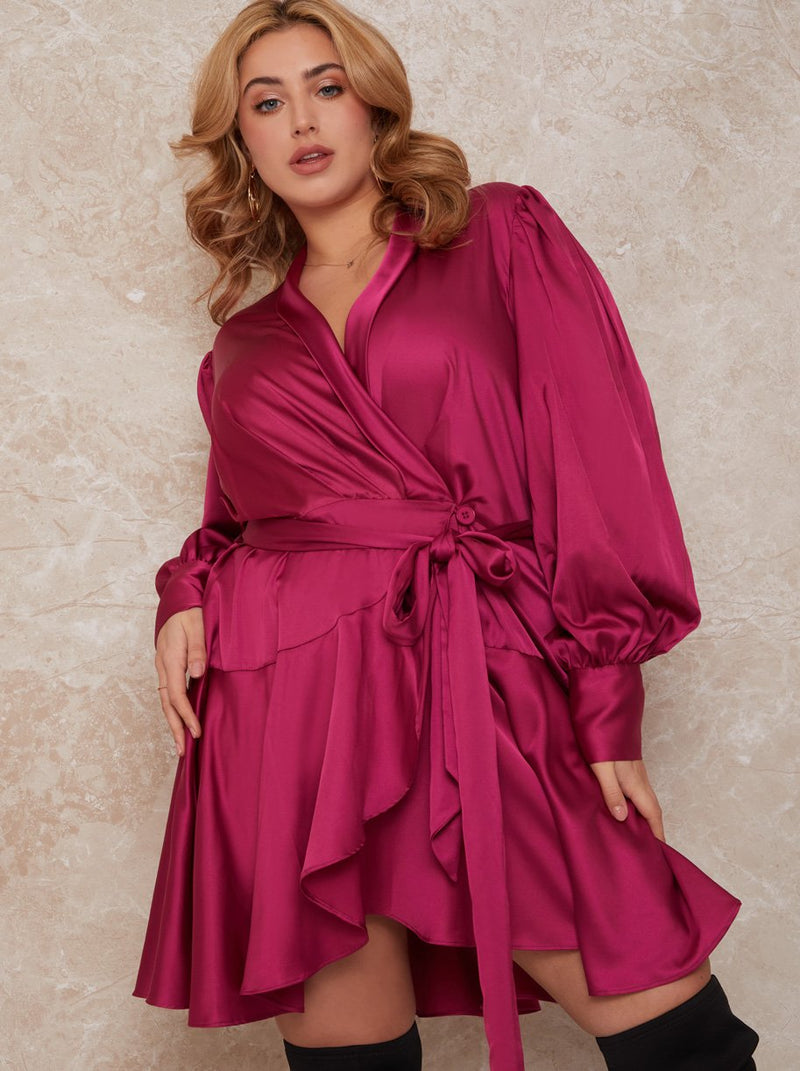 Plus Size Long Sleeve Wrap Midi Dress in Fuschia