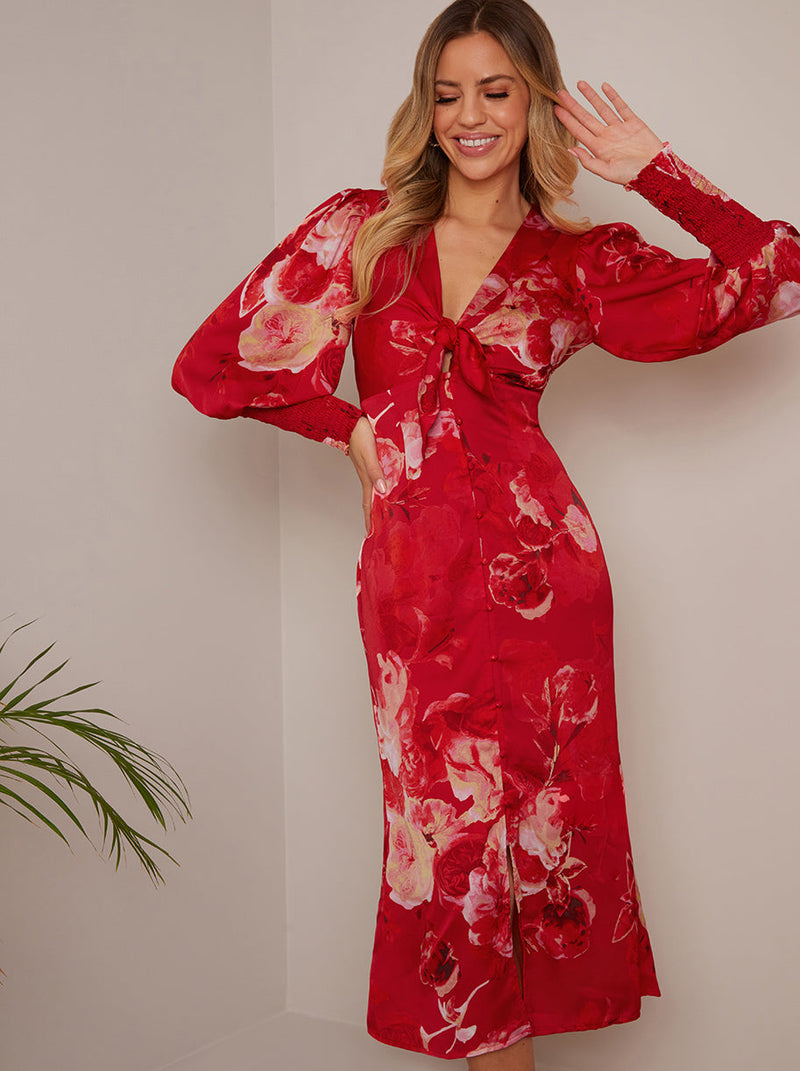V Neck Puff Sleeve Floral Midi Dress in Red