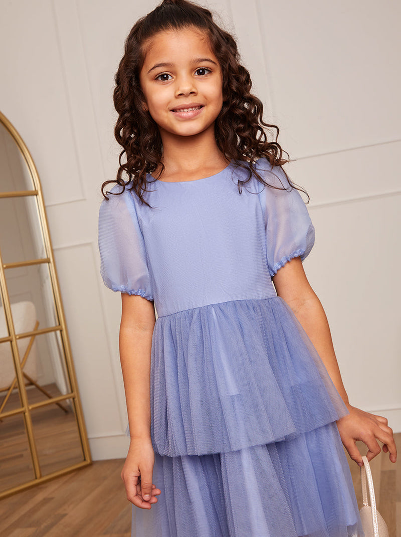 Younger Girls Puff Sleeve Tiered Tulle Midi Dress in Blue