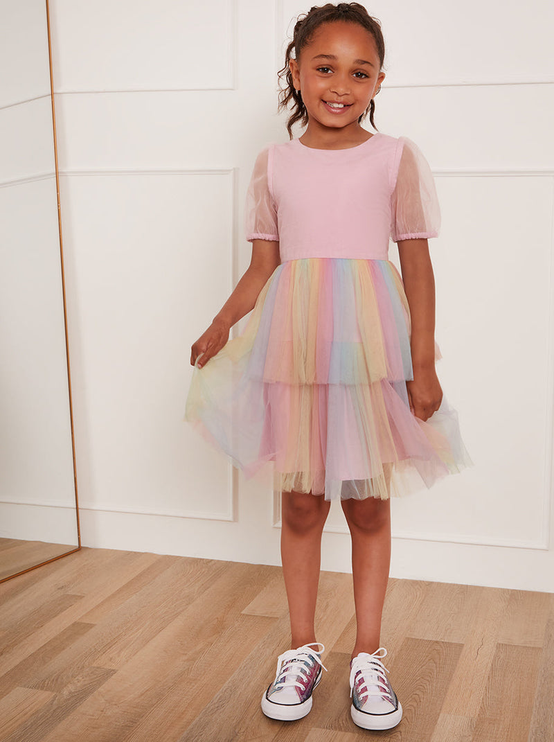 Younger Girls Puff Sleeve Rainbow Tiered Dress