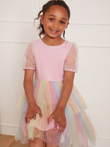 Younger Girls Puff Sleeve Rainbow Tiered Dress