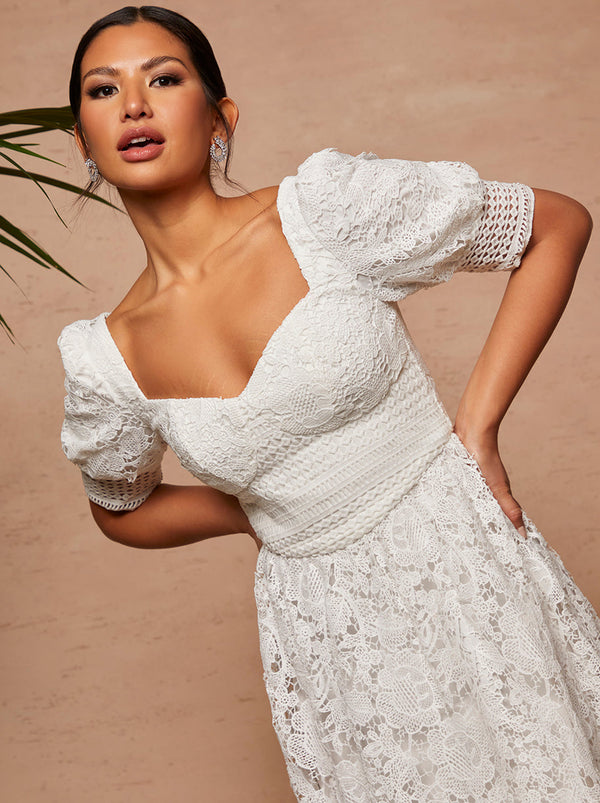Sweetheart Puff Sleeve Embroidered Midi Dress in White
