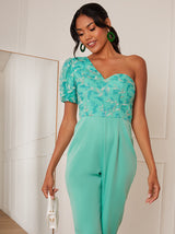 One Shoulder Puff Sleeve Embroidered Jumpsuit in Green
