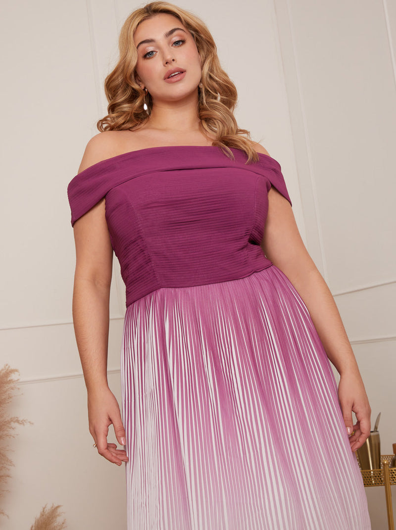 Plus Size Bardot Ombre Pleated Midi Dress in Purple