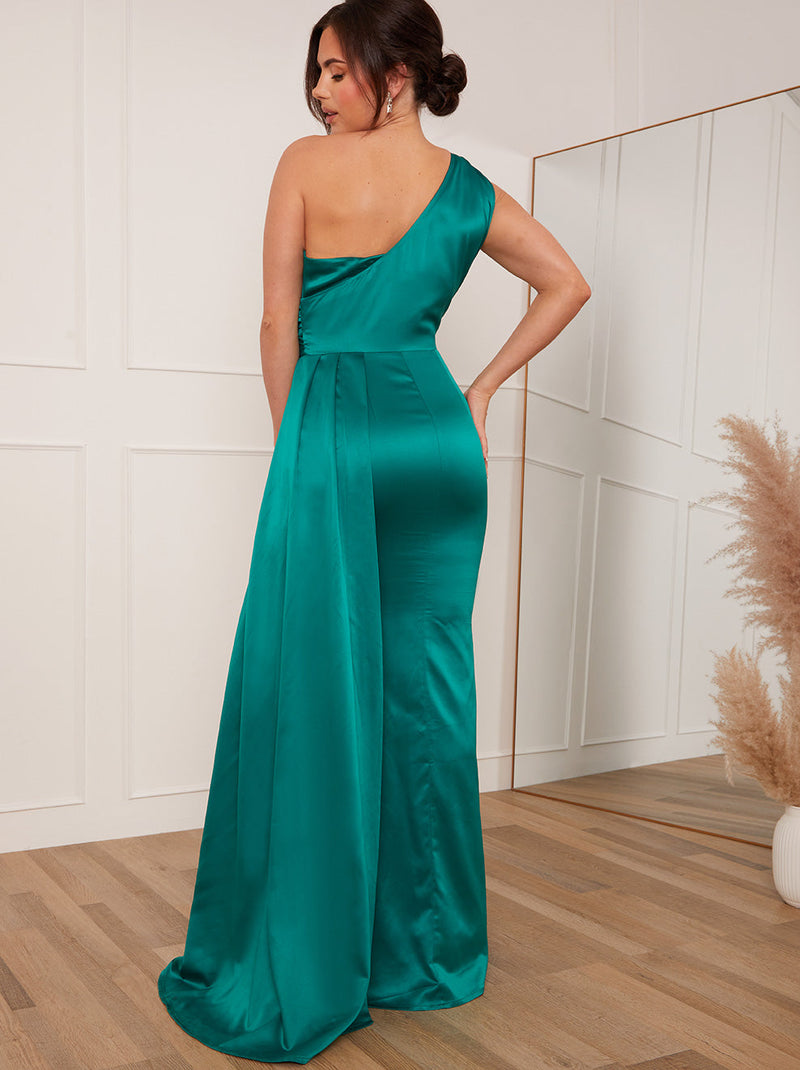 Petite Ruched One Shoulder Satin Maxi Dress in Green