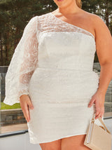 Plus Size One Shoulder Balloon Sleeve Bodycon Dress in White