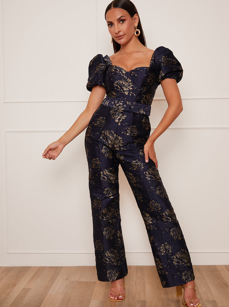 Petite Puff Sleeve Jacquard Jumpsuit in Navy