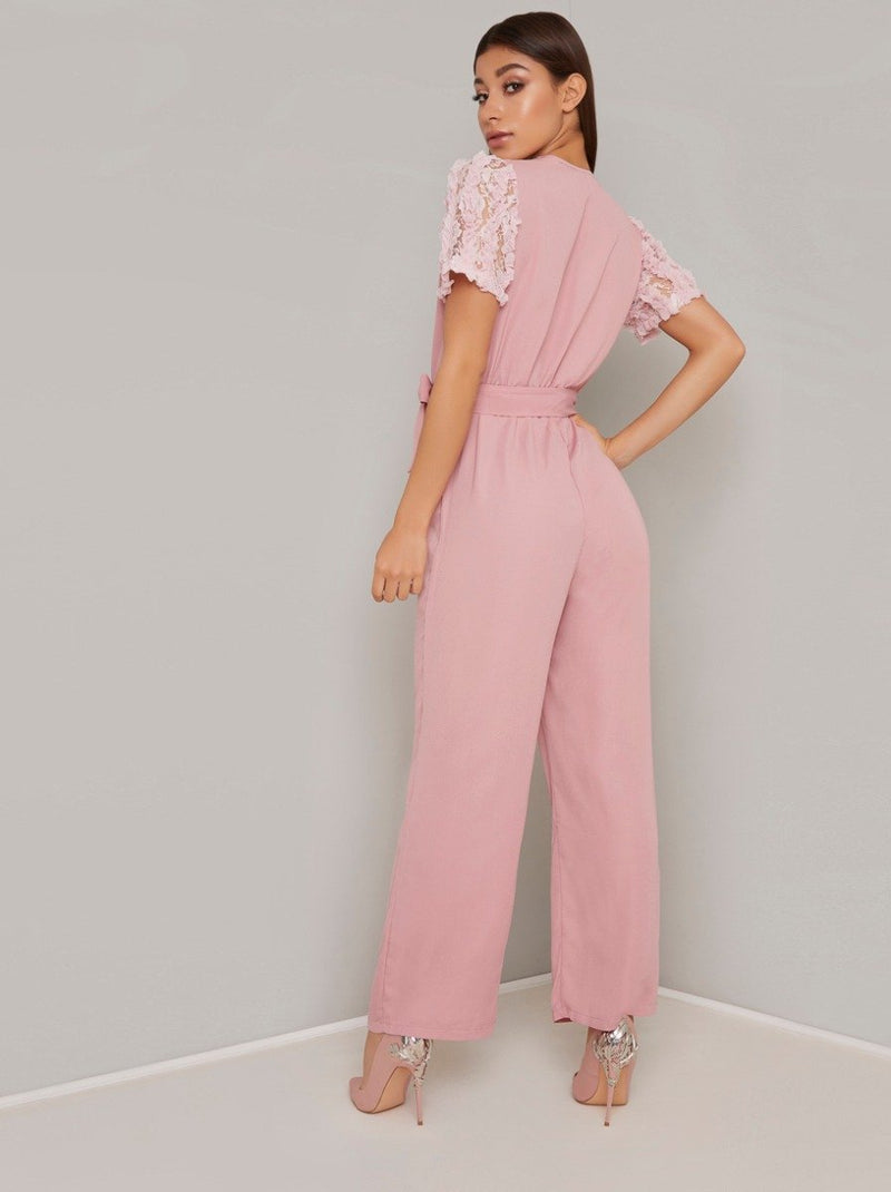 Lace Sleeved Wide Leg Jumpsuit in Pink