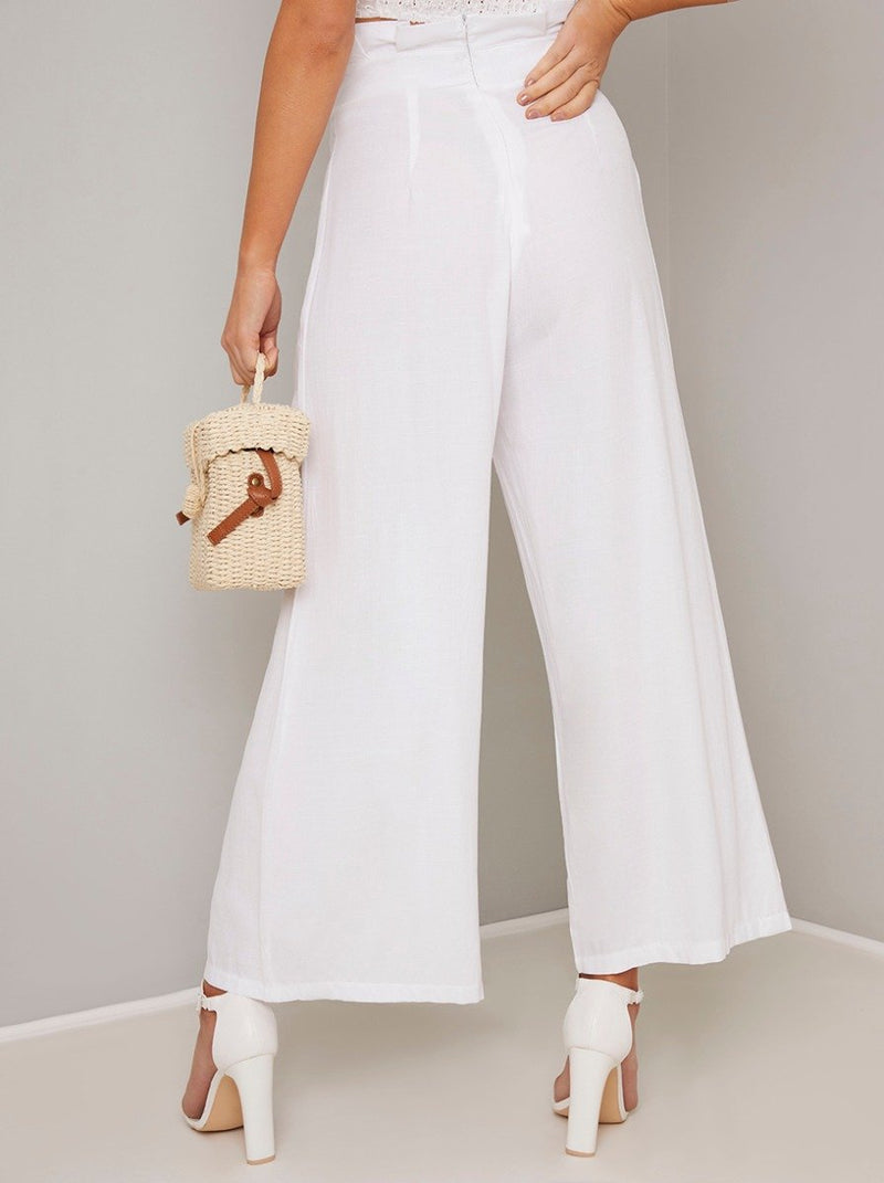 Paperbag Waist Trousers with Decorative Buttons in White