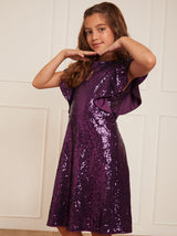Older Girls Ruffle Sequin Midi Dress in Purple