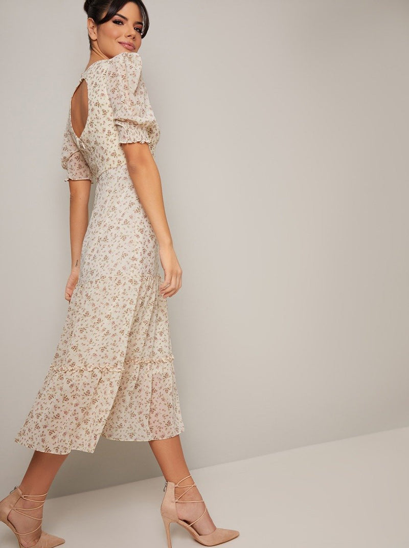 Puff Sleeve Floral Print Midi Dress in Cream